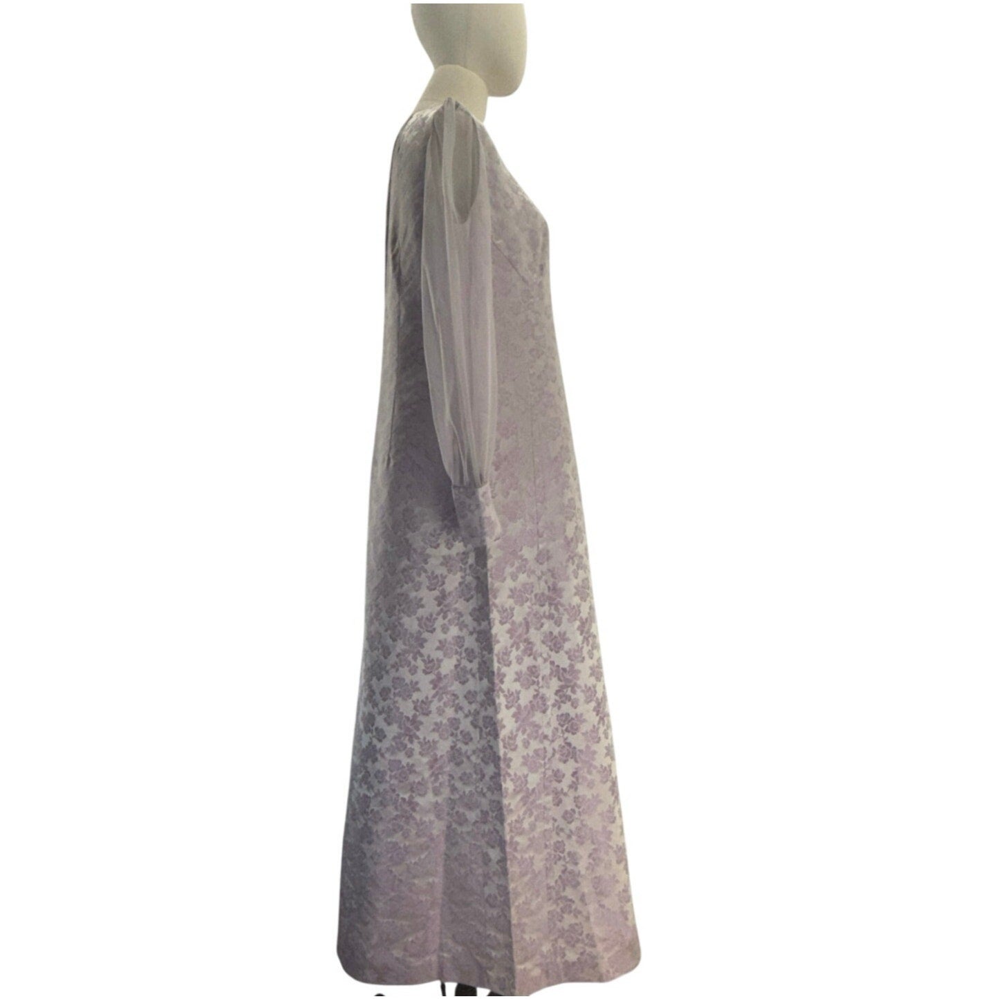 Vintage 60s Lavender Satin A-Line Maxi Dress Sheer Sleeve Women's Medium