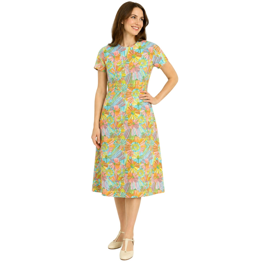 Vintage 60s Women's Medium Mod Dress Geometric Midi Orange Blue Green Yellow