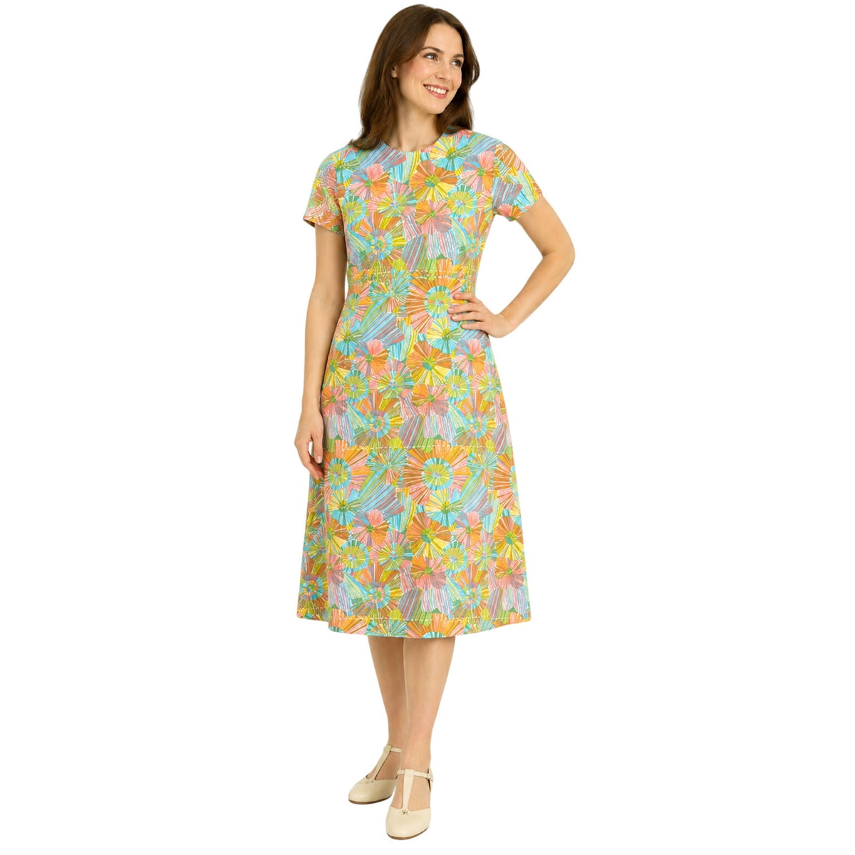 Vintage 60s Women's Medium Mod Dress Geometric Midi Orange Blue Green Yellow