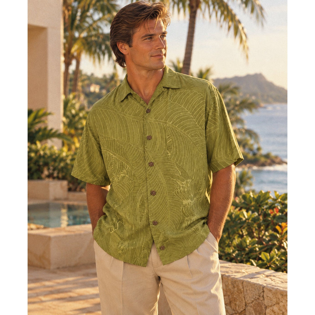 Vintage 90s Tommy Bahama Olive Green Silk Shirt Men’s Medium Chest 46”