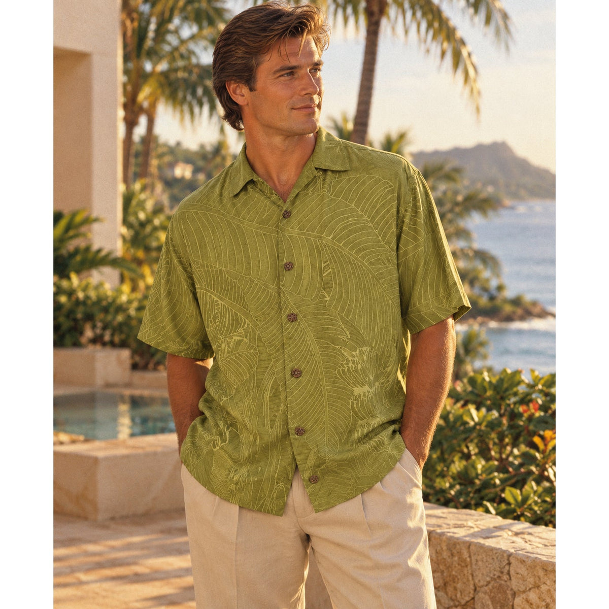 Vintage 90s Tommy Bahama Olive Green Silk Shirt Men’s Medium Chest 46”