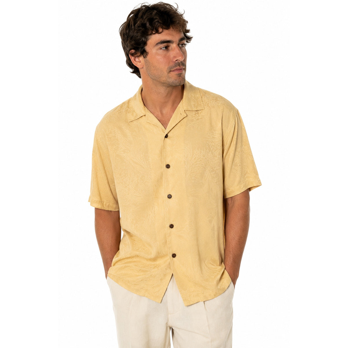 Vintage 90s Caribbean Mens Med Cream Yellow Jacquard Camp Shirt Coconut Buttons