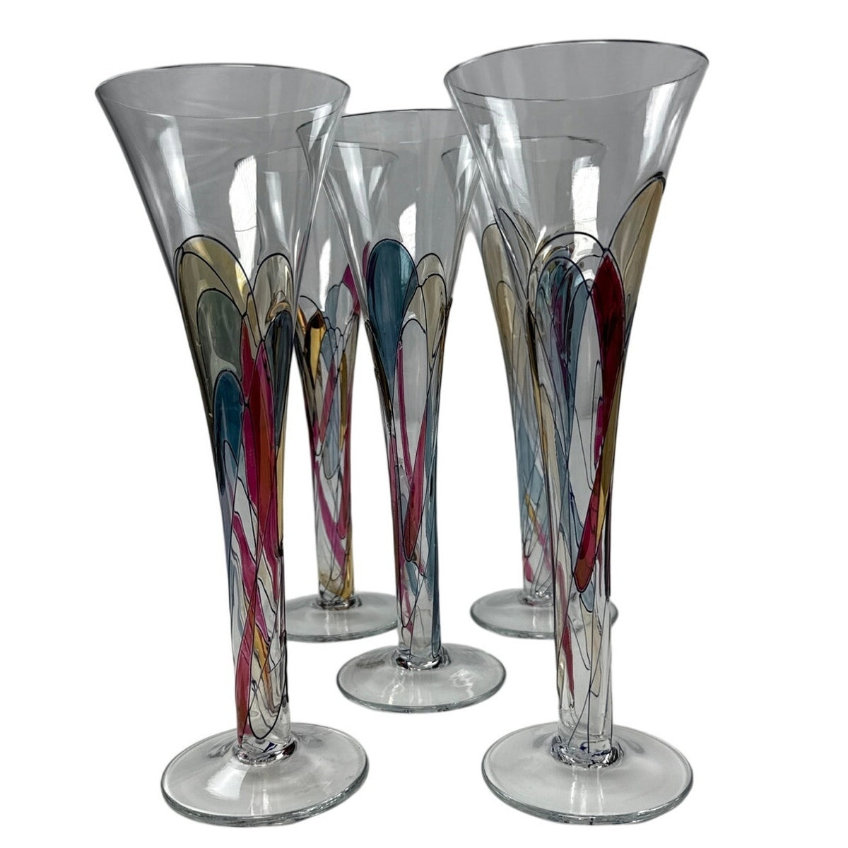 Vintage 90s Multicolor Stained 10" Glass Champagne Flutes Set of 5