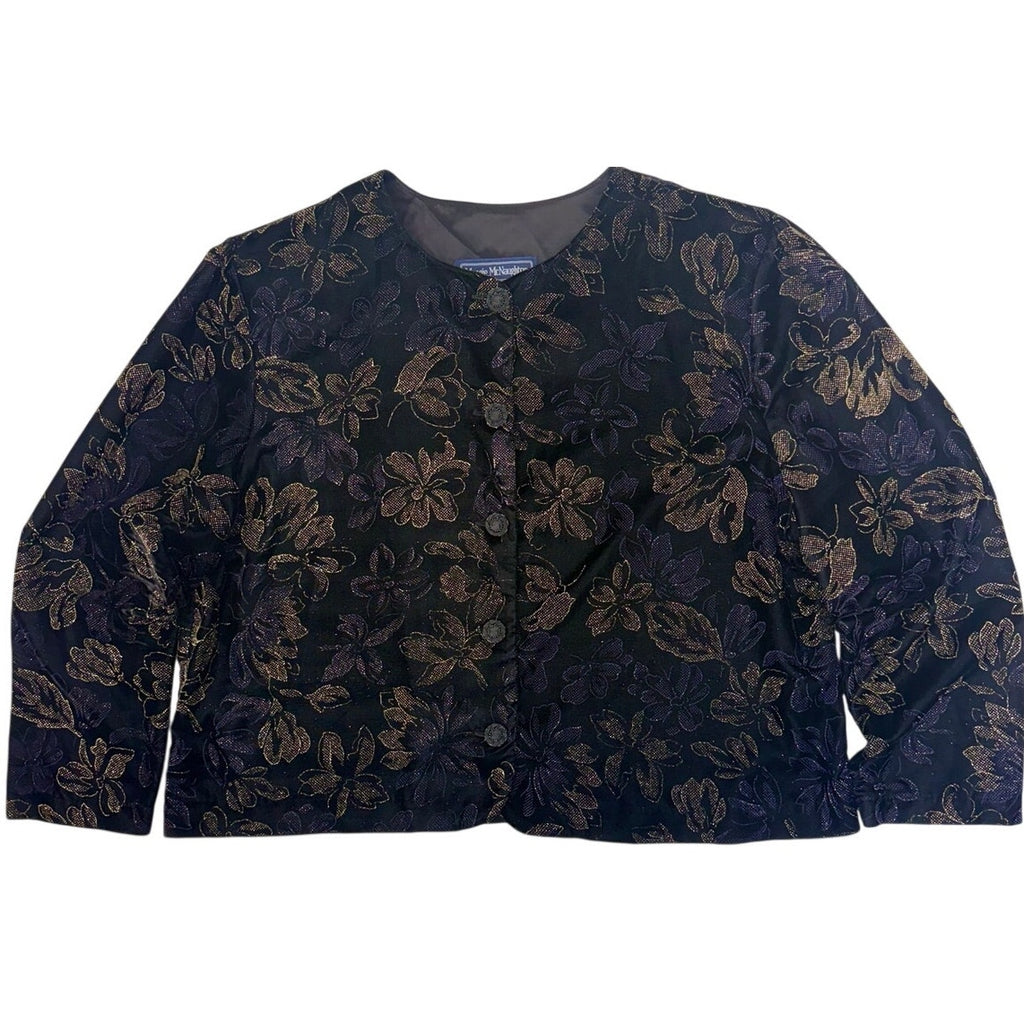 Maggie McNaughton Black Velvet Floral Glitter Jacket Women's 24 USA