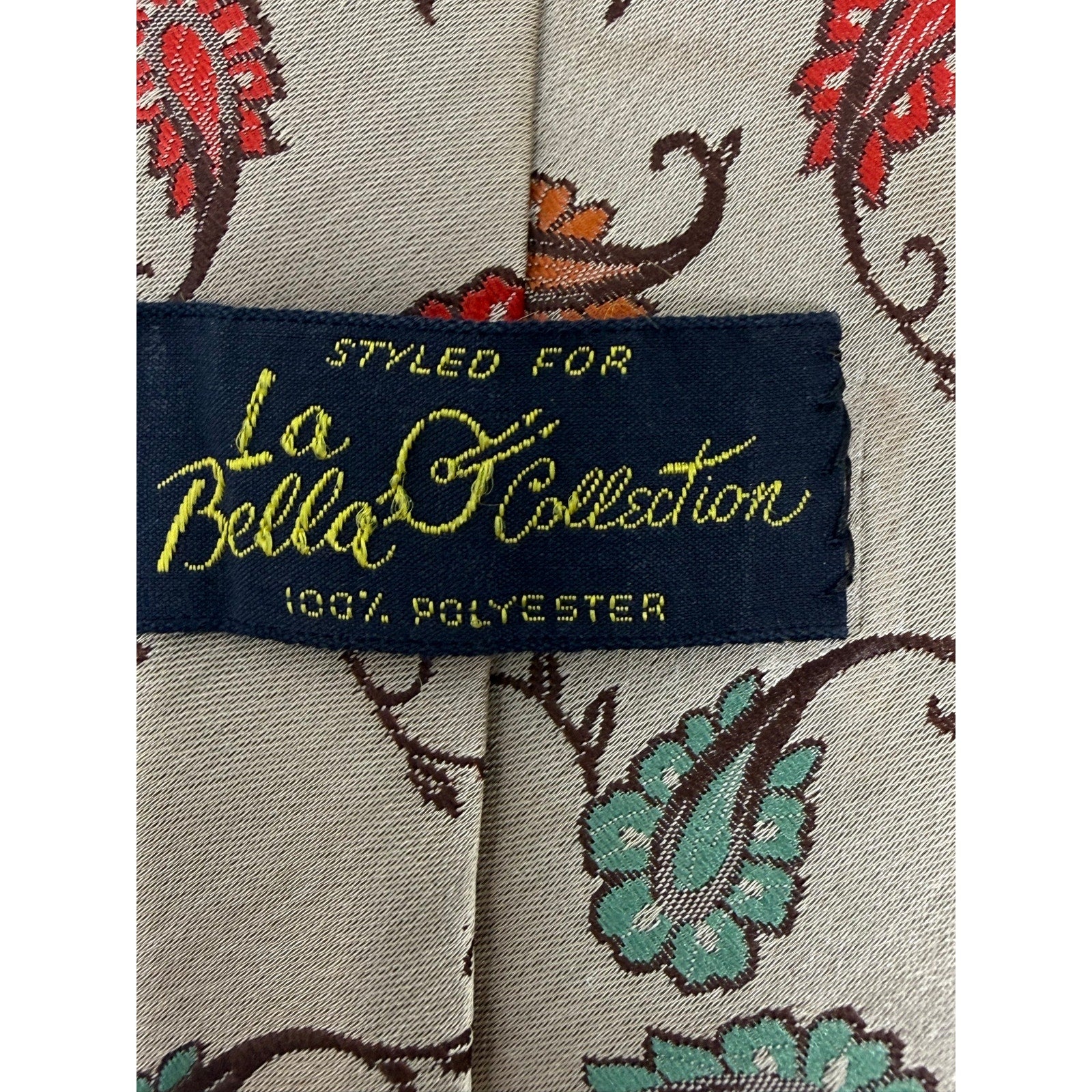 Vintage 70s La Bella Collection Taupe Faux Paisley Polyester Wide Tie