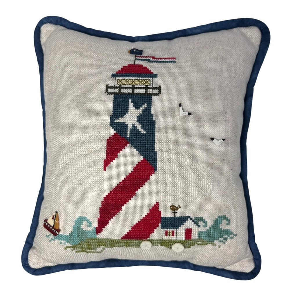 Vintage Patriotic Lighthouse Sailboat Stitched Throw Pillow 10.75”