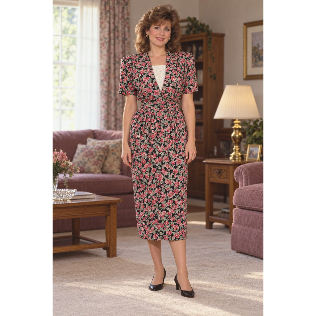 Vintage 80s Karin Stevens Pink Floral Rayon Belted Midi Sheath Dress Medium