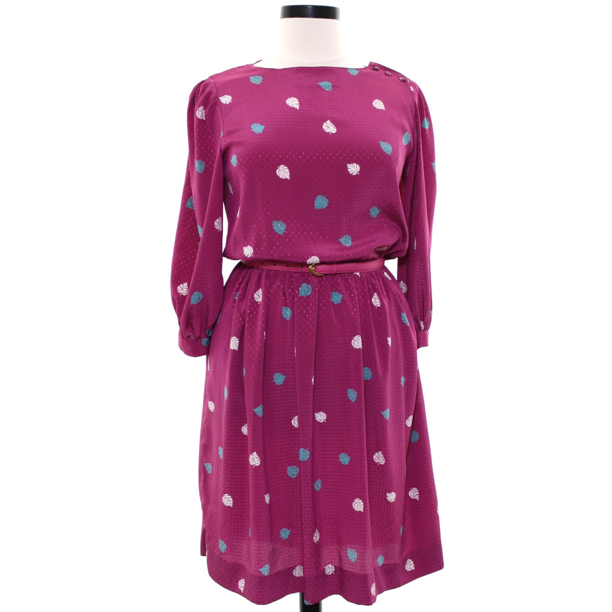 Vintage 1970s Purple Floral Midi Dress Handmade Belted Long Sleeve Woman Medium