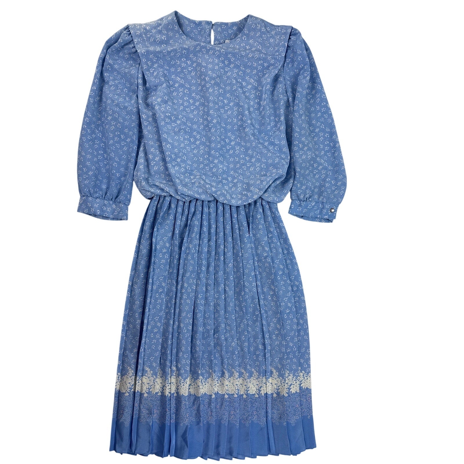 Vintage 1970s Amy-Deb Blue Floral Border Print Pleated Midi Dress Women's Medium