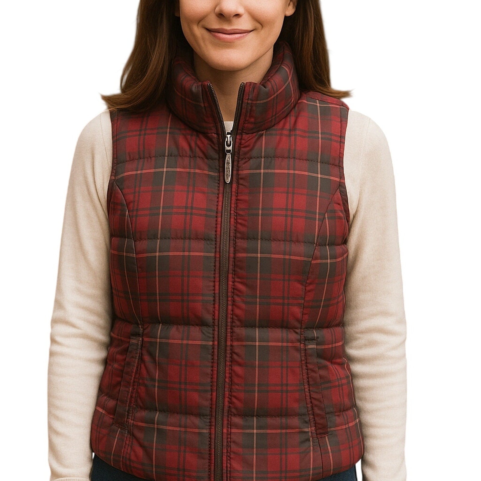 Vintage 90s Eddie Bauer Women’s XS Petite Red Plaid Goose Down Puffer Vest