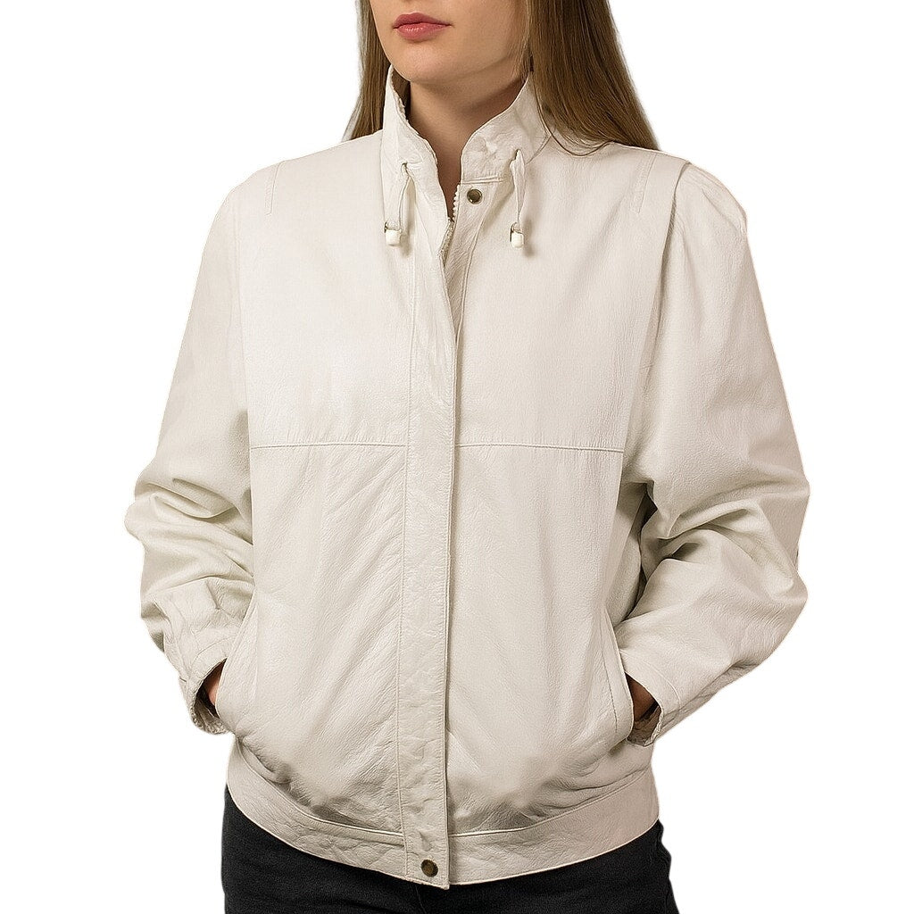 Vintage80s Women's Large White Leather Jacket Bomber Mock Collar Back Stitch