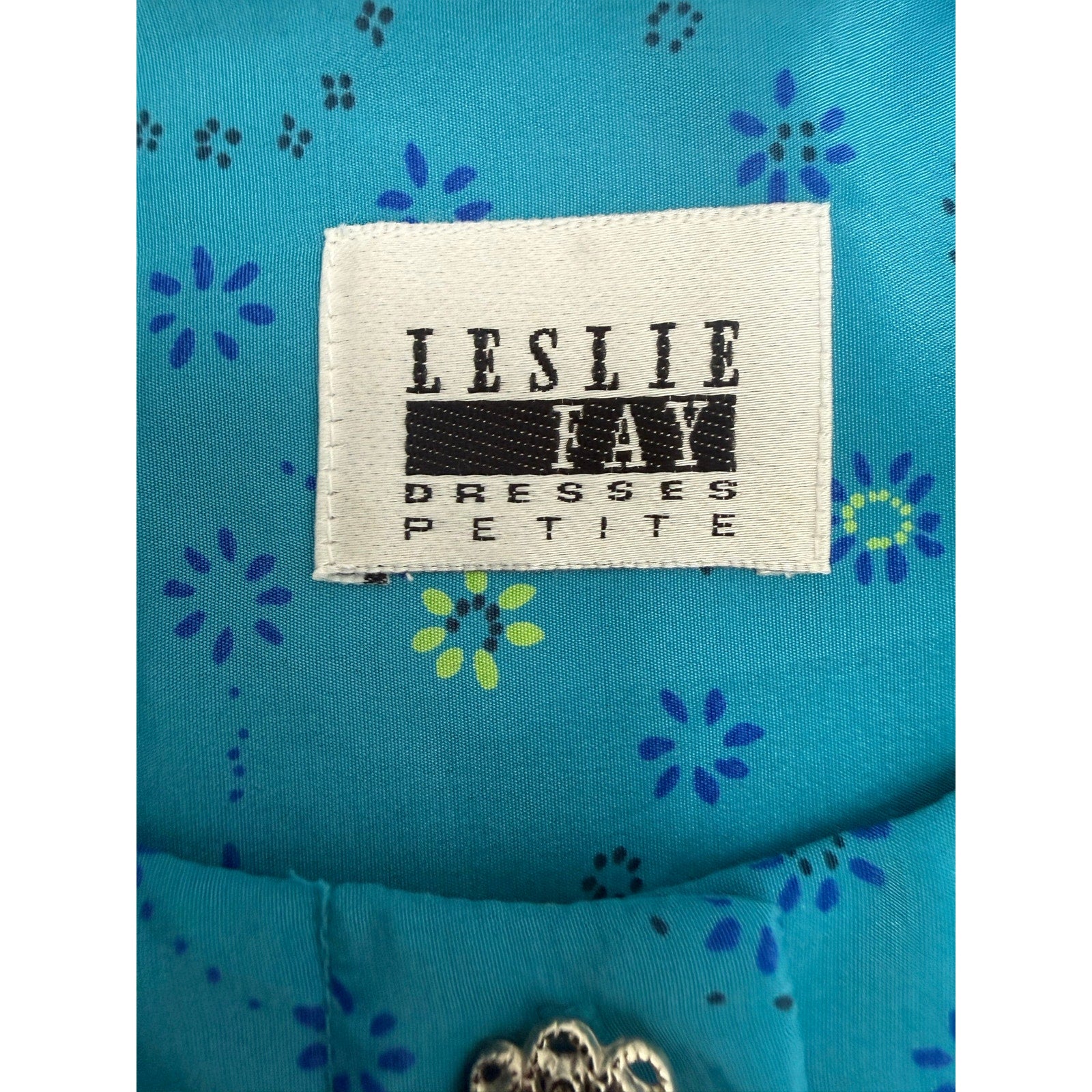 Vintage 80s Women's Small Leslie Fay Teal Floral Pleated Belted Dress