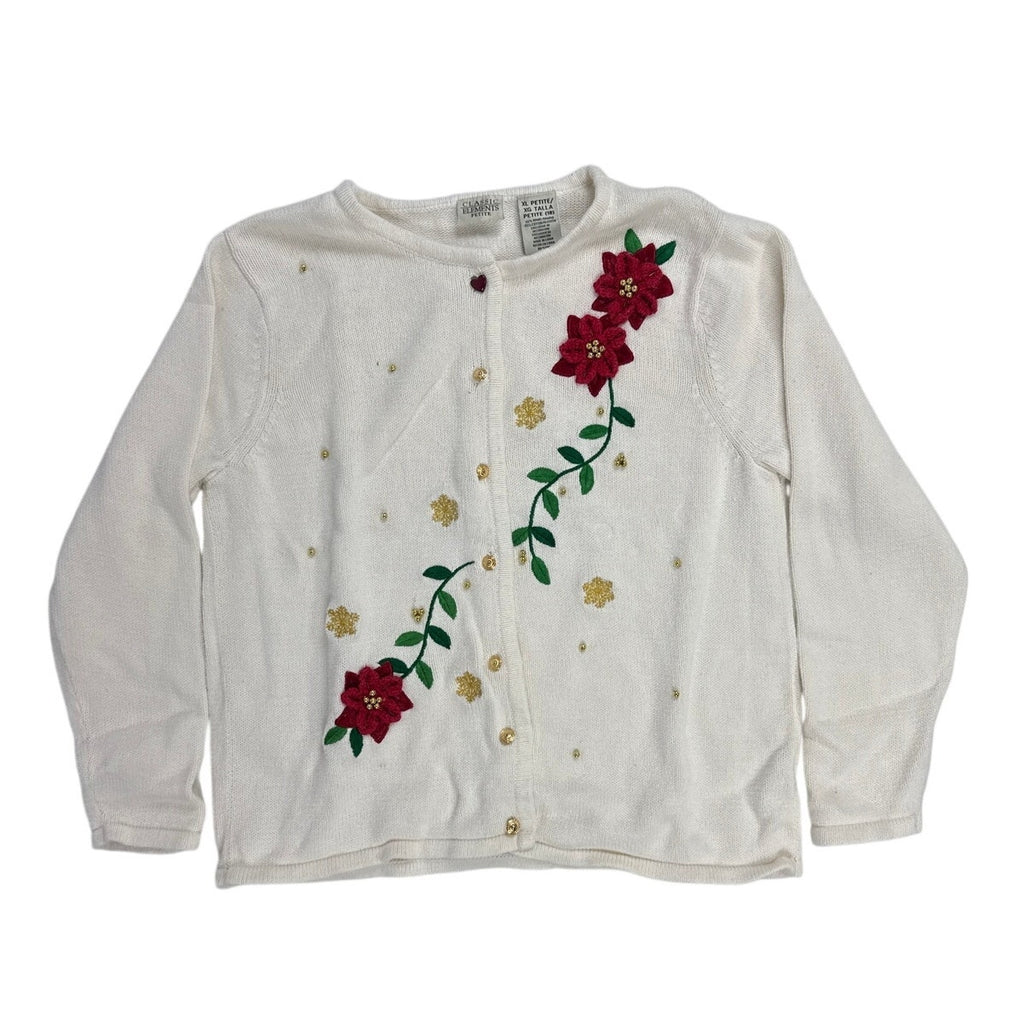 Vintage 90s Classic Elements Cream Poinsettia Christmas Cardigan Women’s Large
