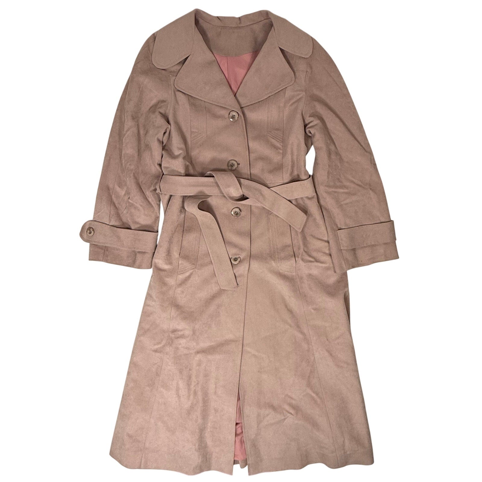 Vintage 80s Women's Medium Pink Trench Coat Belted Maxi Ultrasuede