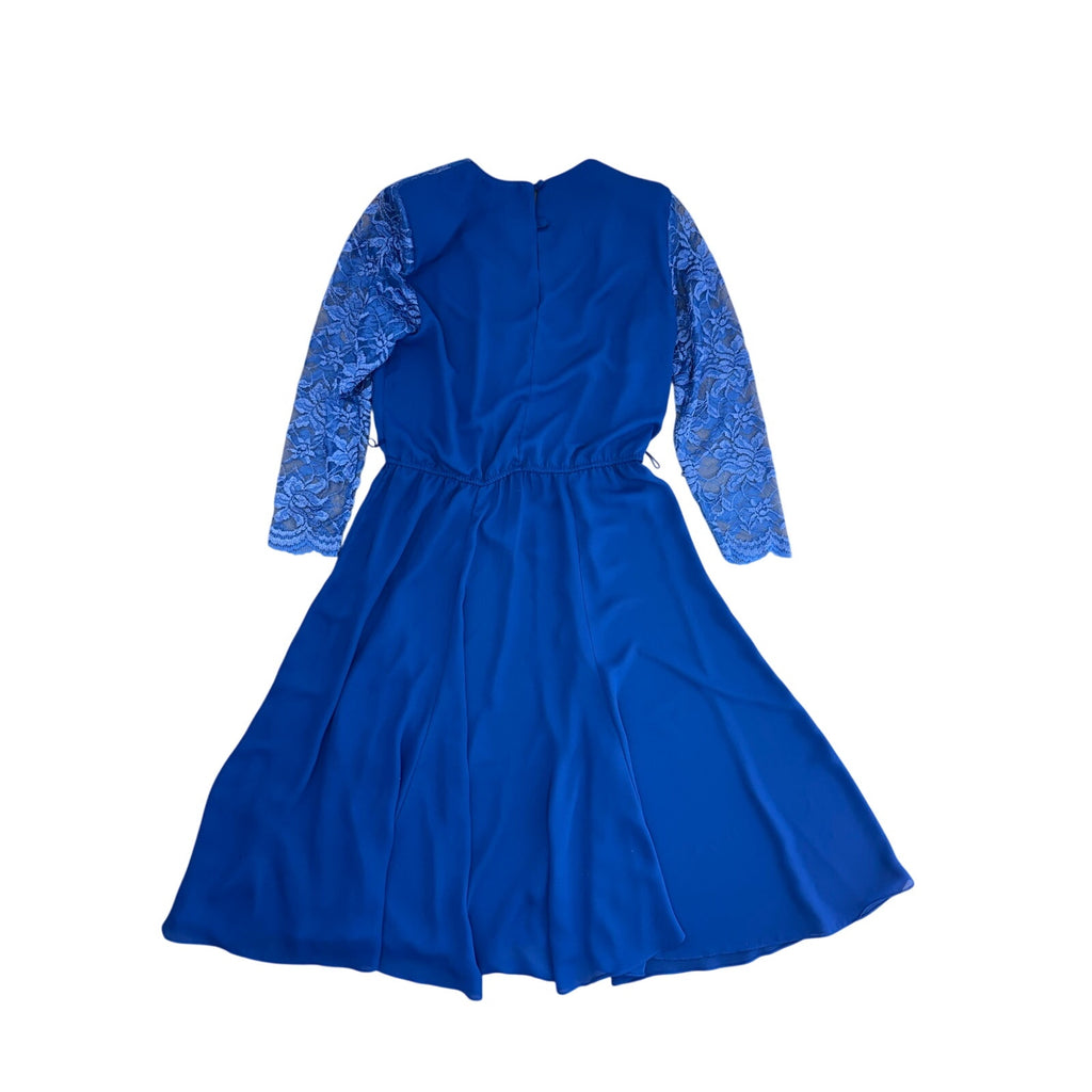 Vintage 80s Women's Medium Private Affaire Navy Lace Sleeve Midi Dress Belted