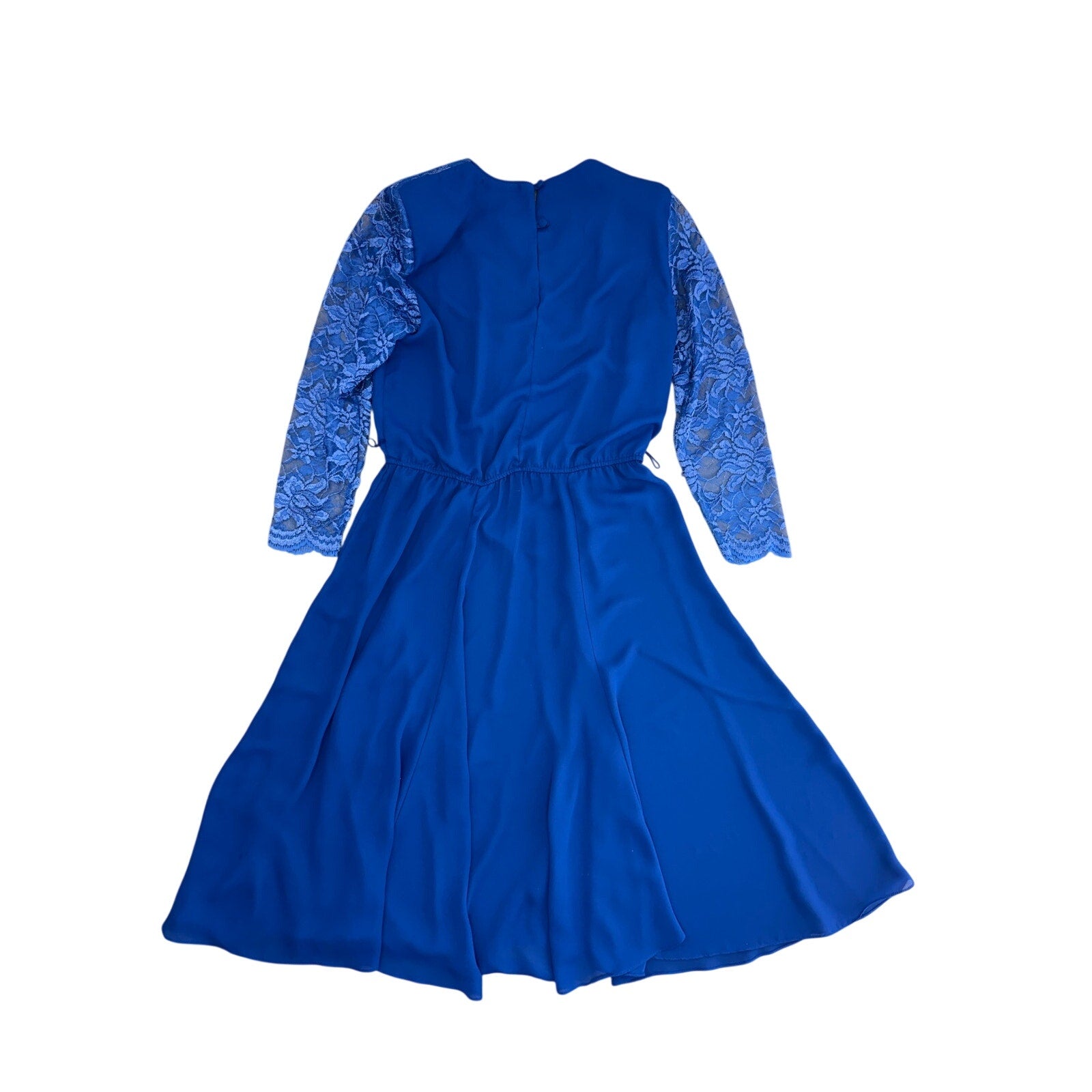 Vintage 80s Women's Medium Private Affaire Navy Lace Sleeve Midi Dress Belted