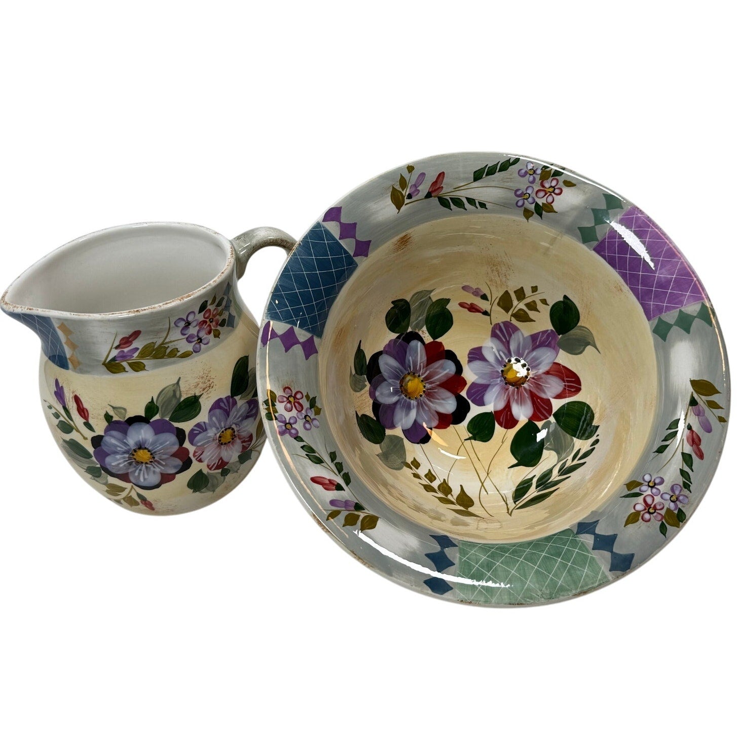 Vintage 90s Gibson Elite Hand Painted Floral Pitcher & Wash Basin Bowl Set Cottage Garden