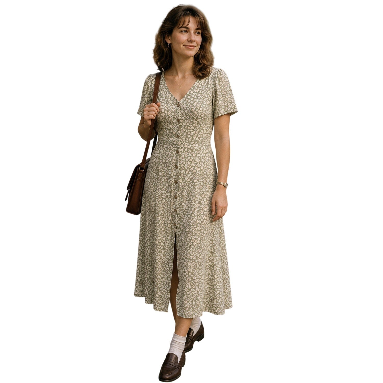 Vintage 90s Women's Small Dress Forum Daisy Print Rayon Button Front Midi
