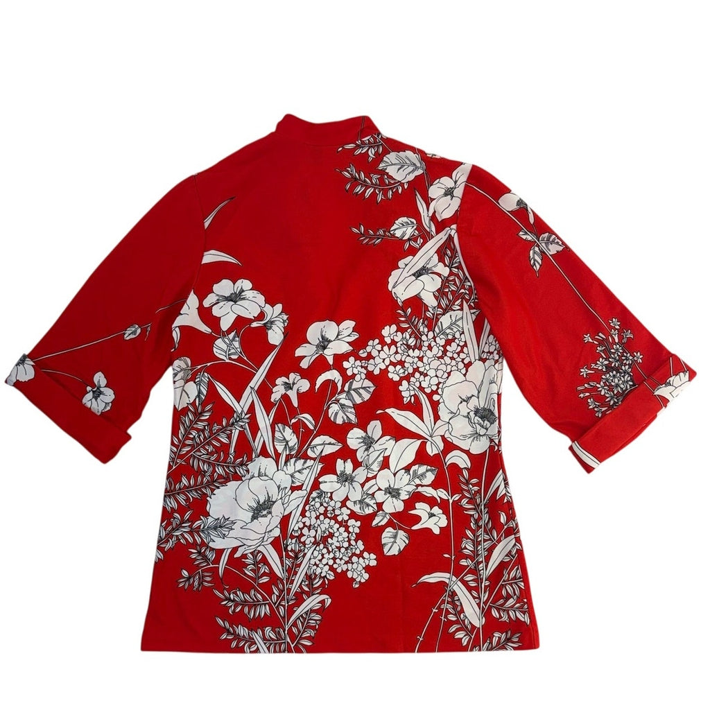 Vintage 80s Teddi Red White Floral Tricot Knit Tunic Top Women's S/M
