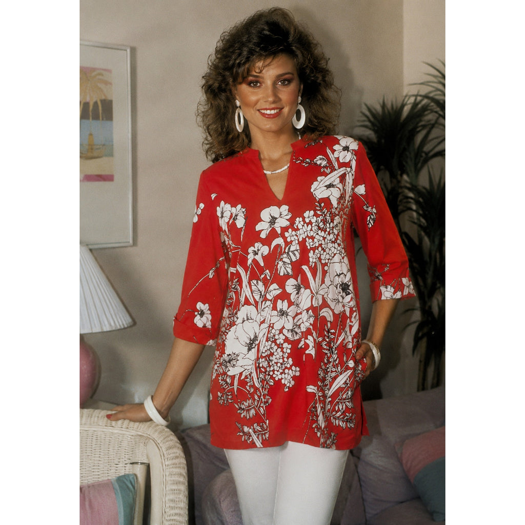 Vintage 80s Teddi Red White Floral Tricot Knit Tunic Top Women's S/M