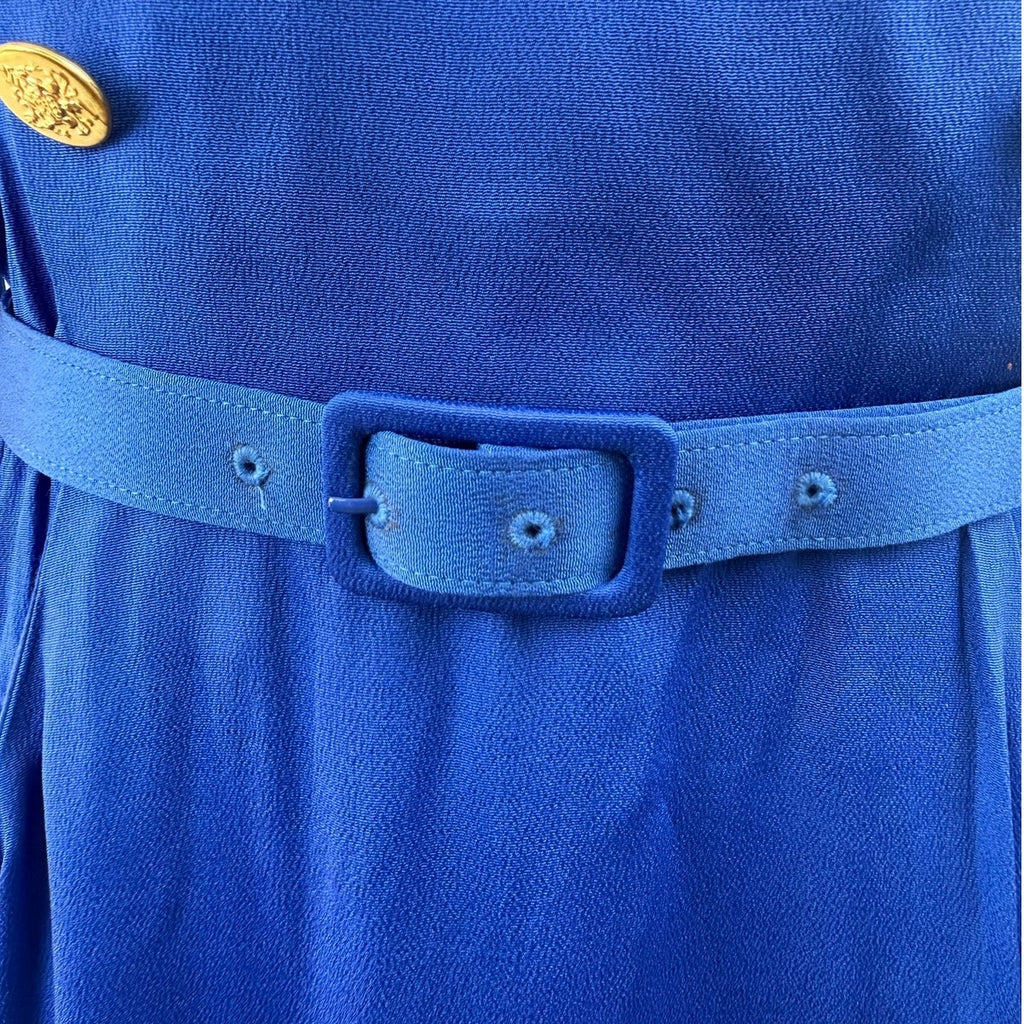 Vintage 80s Albert Nipon Royal Blue Rayon Crepe Belted Midi Dress Women's 14