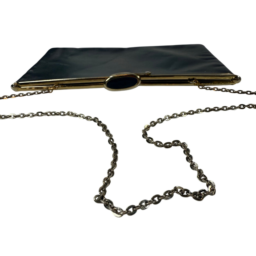 Vintage 60s Etra Navy Leather Clutch Purse w/ Gold Chain Strap