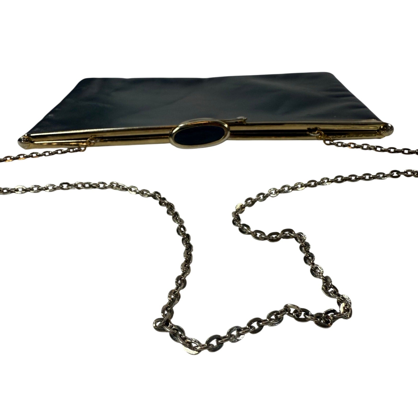 Vintage 60s Etra Navy Leather Clutch Purse w/ Gold Chain Strap