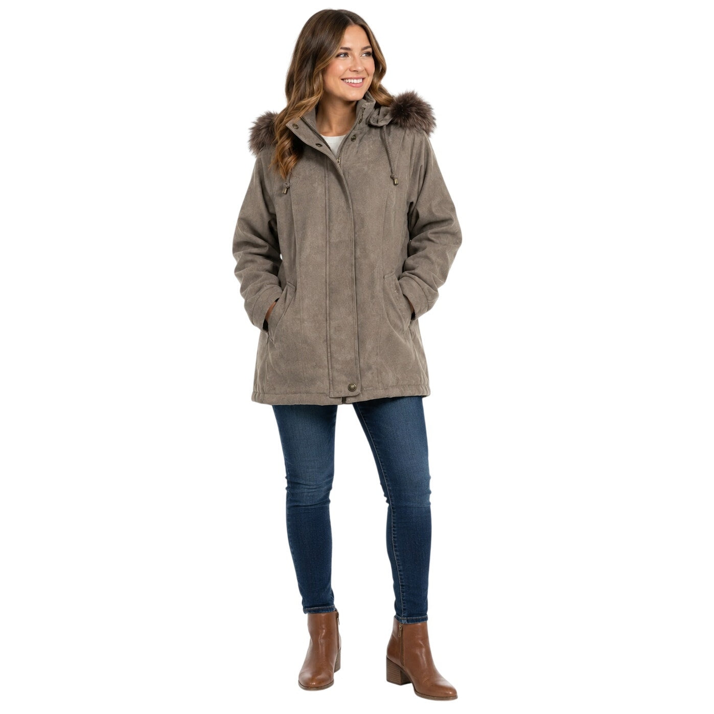 St John's Bay Faux Suede Hooded Jacket Fur Trim Women's Small Taupe Brown