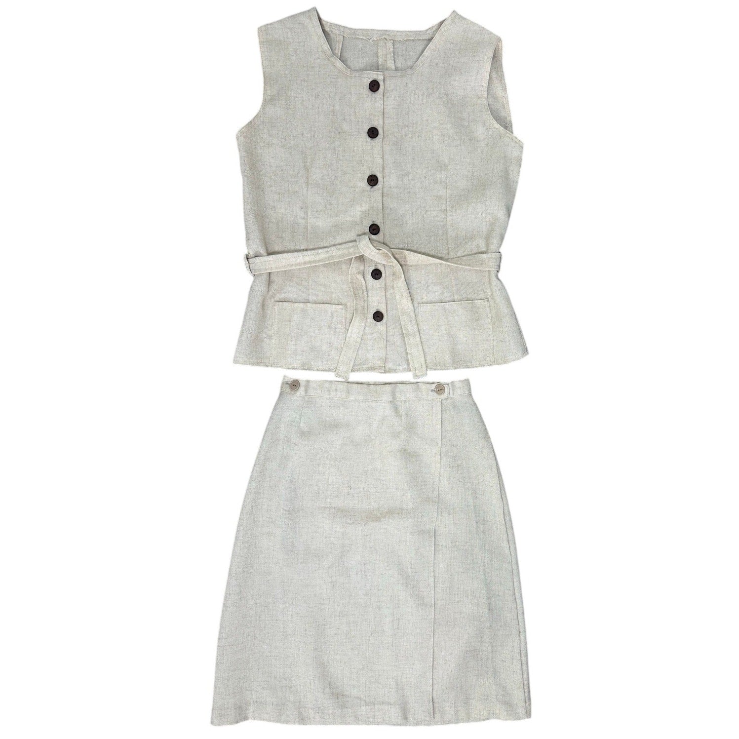 Vintage 70s Women's Small Linen Blend Vest & Wrap Skirt Set Oatmeal