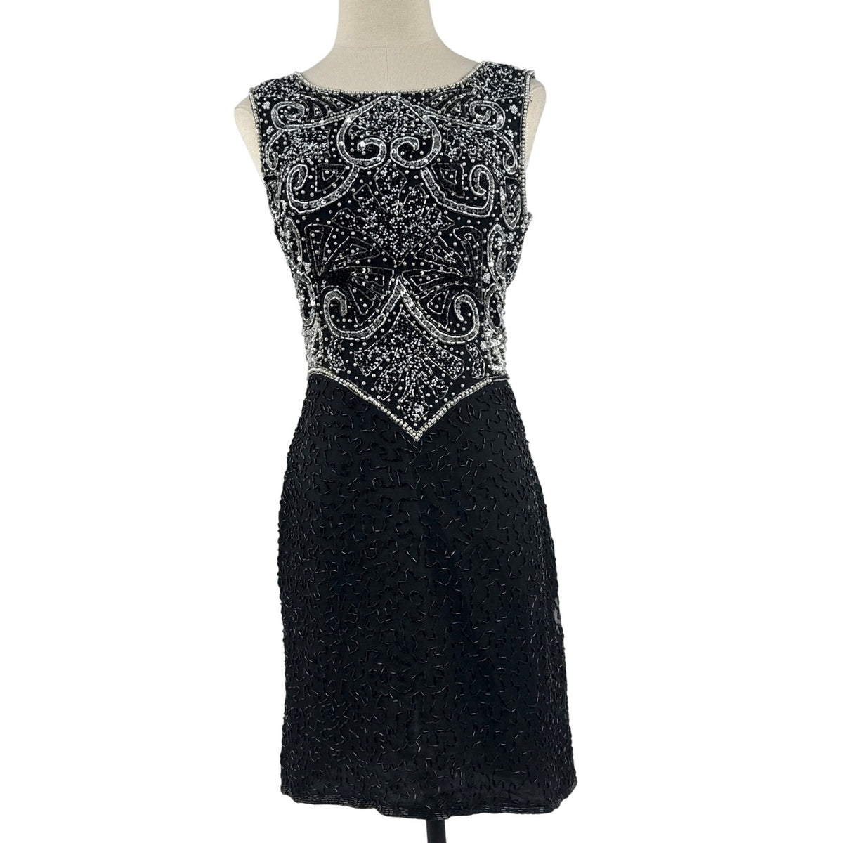 Vintage 80s Lawrence Kazar Black Beaded Silk Sheath Dress Women's Small
