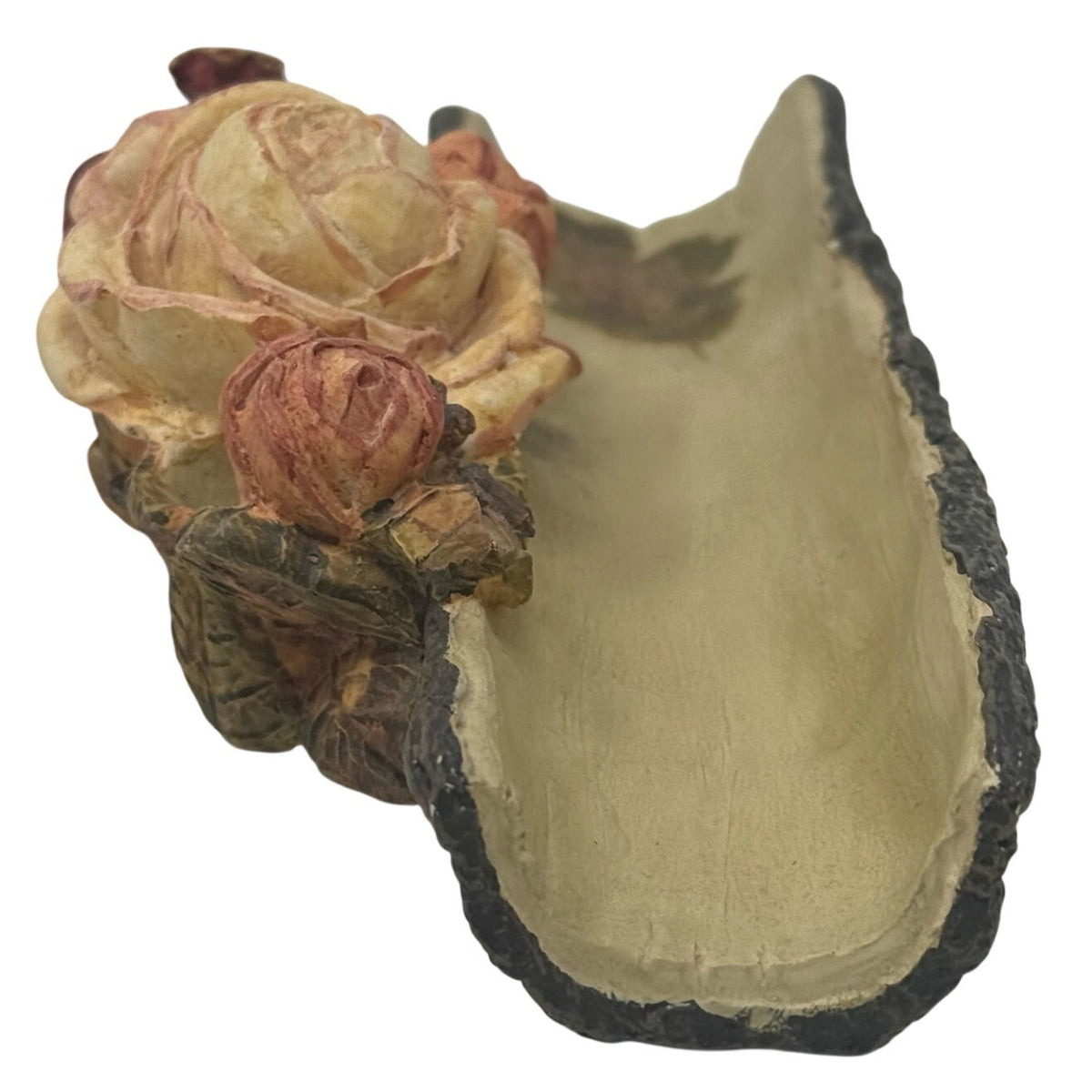 Vintage 90s Office Desk Pen Holder Resin Rustic Rose Floral Wood 8x4