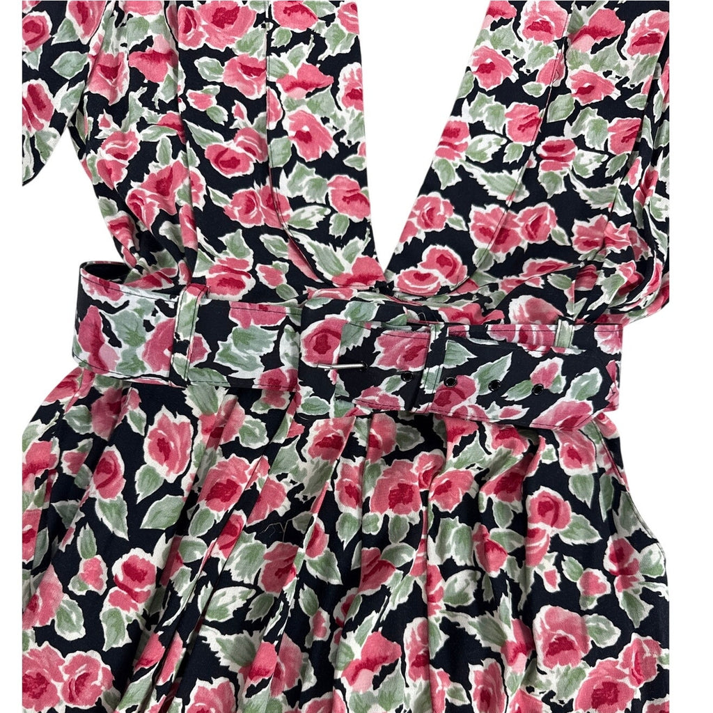 Vintage 80s Karin Stevens Pink Floral Rayon Belted Midi Sheath Dress Medium