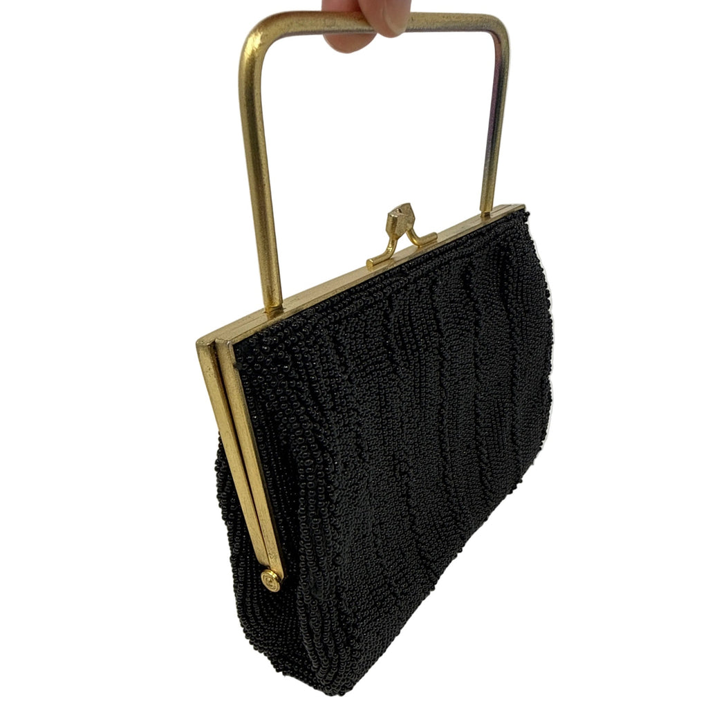 Vintage 70s Ruchere Black Beaded Gold Frame Evening Clutch Purse Top Handle
