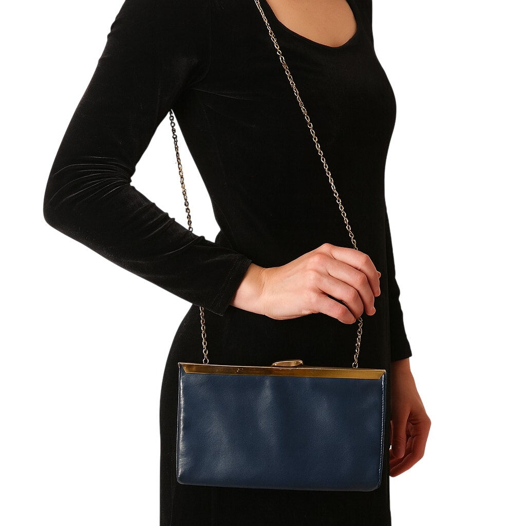 Vintage 60s Etra Navy Leather Clutch Purse w/ Gold Chain Strap