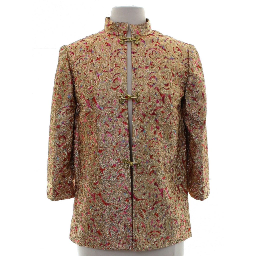 Vintage 90s Women's Medium Metallic Tunic Jacket Asian Inspired Hook Closure