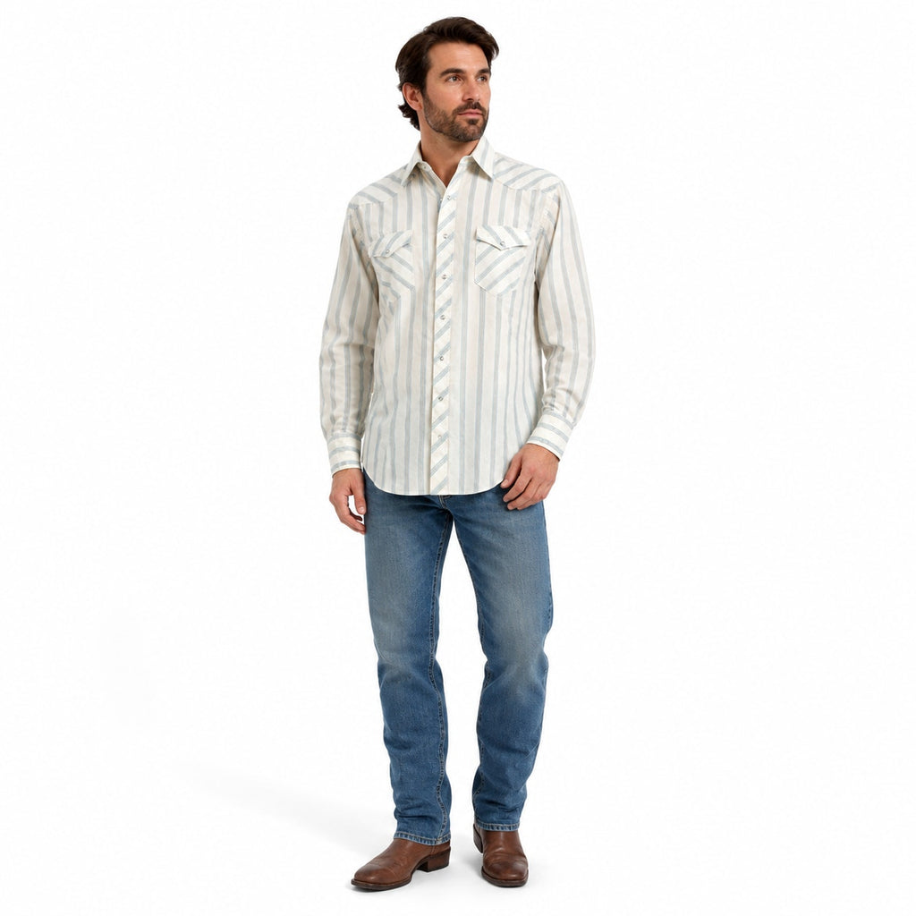Vintage 80s Wrangler Striped Pearl Snap Western Shirt Men 17x35 USA
