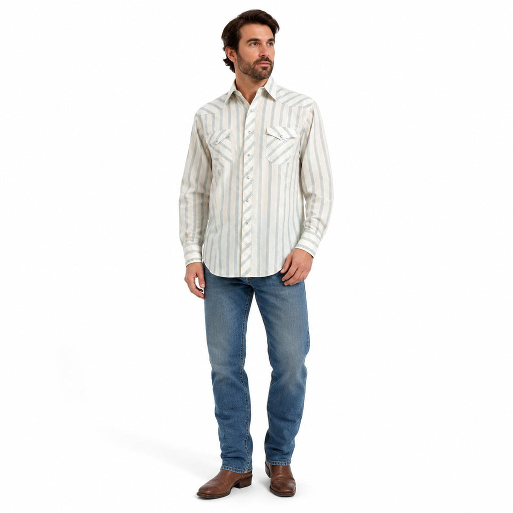 Vintage 80s Wrangler Striped Pearl Snap Western Shirt Men 17x35 USA