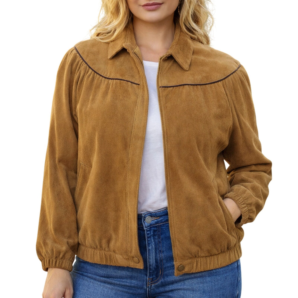 Vintage 80s Women’s L/XL Cotedazur Fawn Brown Suede Jacket Leather Trim