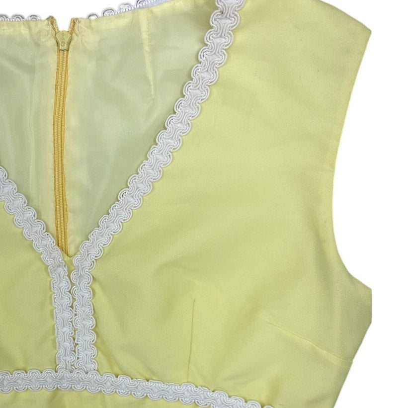 Vintage 70s Yellow Empire Waist Dress White Trim Sleeveless Midi