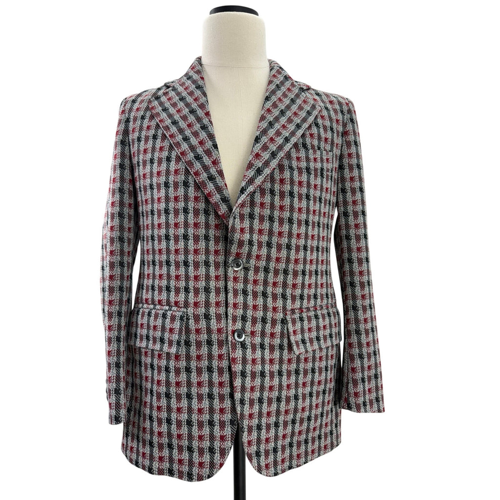 Vintage 70s Men's 38R Plaid Polyester Sport Coat Blazer Red Gray
