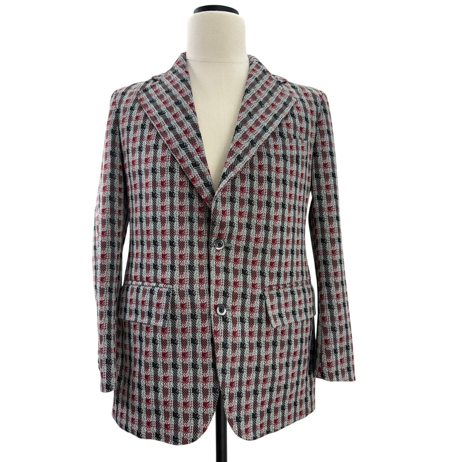 Vintage 70s Men's 38R Plaid Polyester Sport Coat Blazer Red Gray