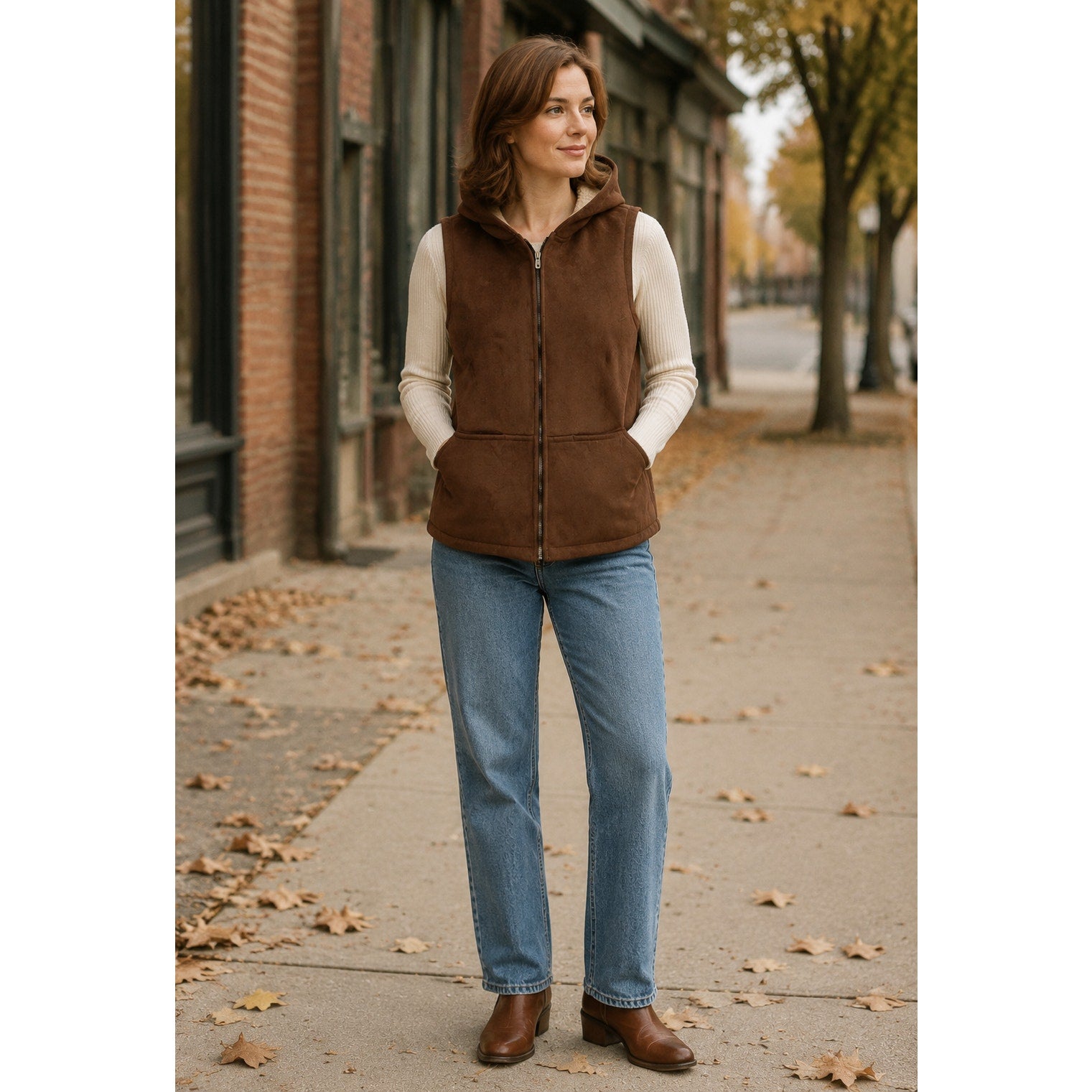 Vintage 90s Lauren Ralph Lauren Womens M Brown Faux Suede Sherpa Hooded Vest