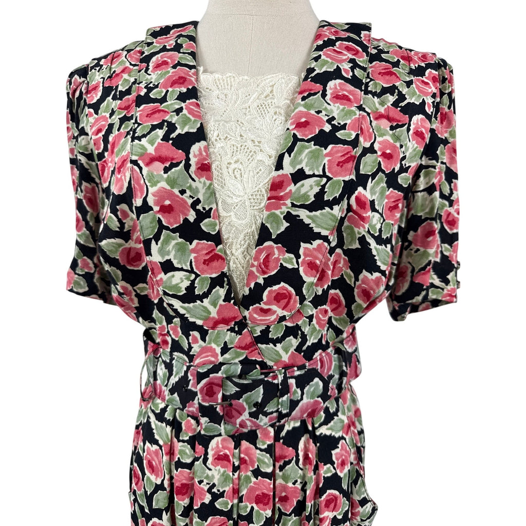Vintage 80s Karin Stevens Pink Floral Rayon Belted Midi Sheath Dress Medium