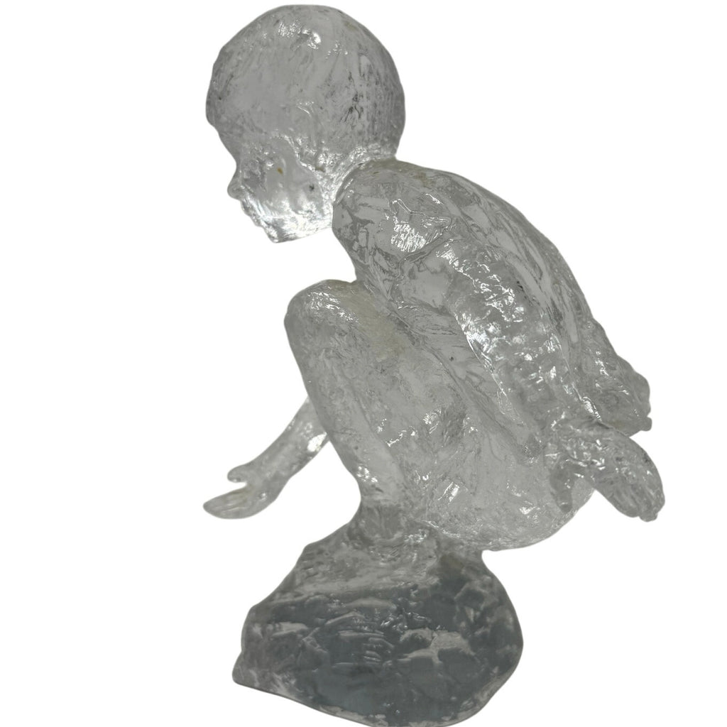 Vintage 90s Crystal Glass Crouching Boy Figurine Clear Art Statue 7"