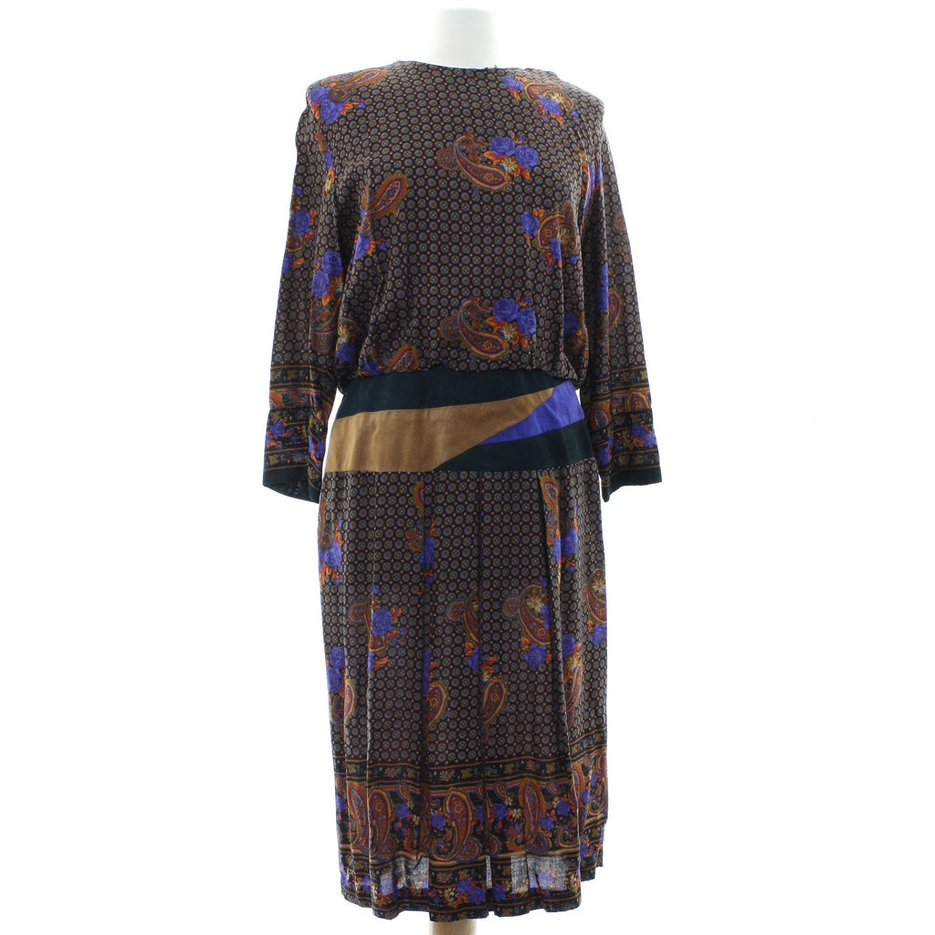 Vintage 80s Rayon Midi Dress Suede Trim Paisley Floral Boho Women's Small