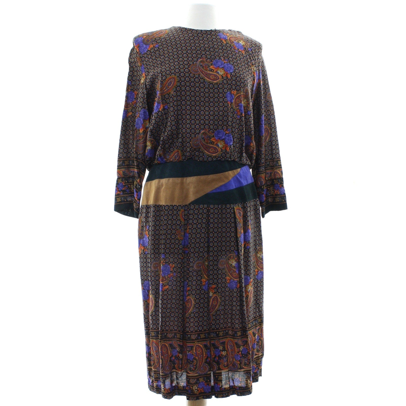 Vintage 80s Rayon Midi Dress Suede Trim Paisley Floral Boho Women's Small