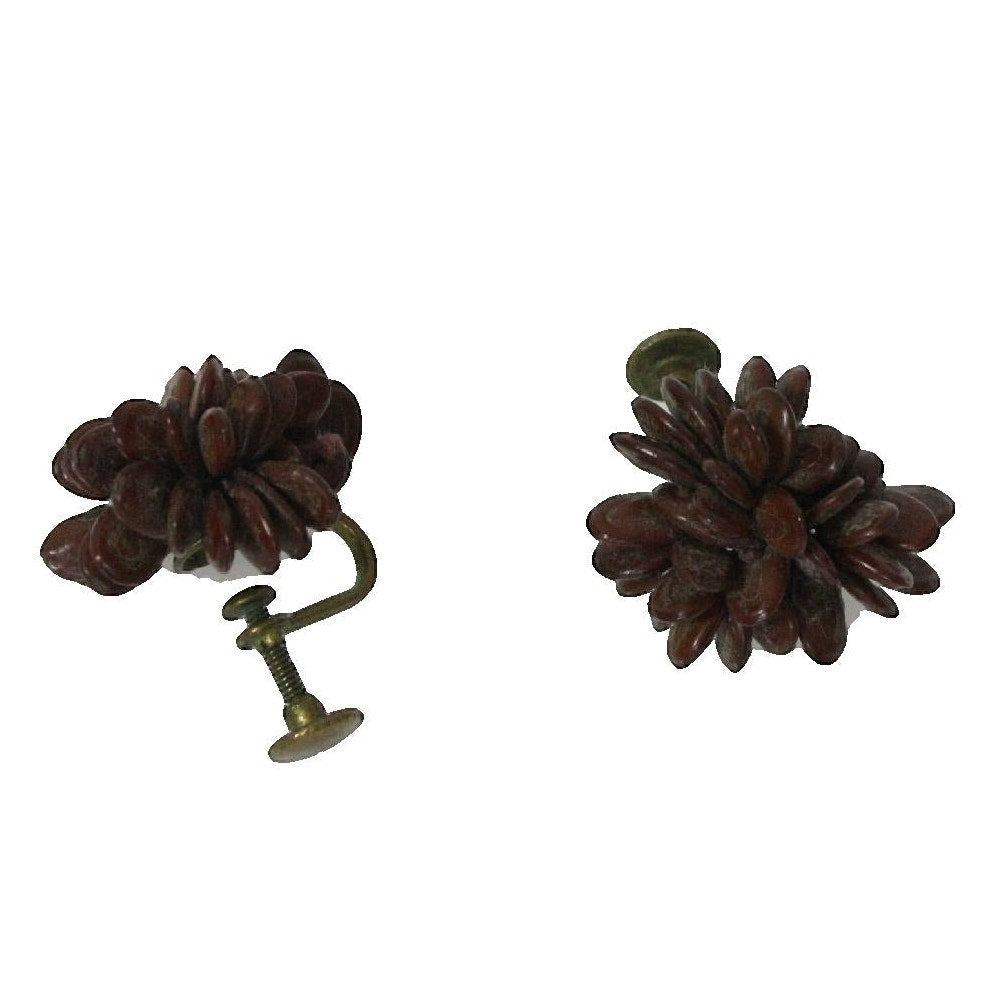 Vintage 50s Screw Back Earrings Brown Seed Cluster Mid Century