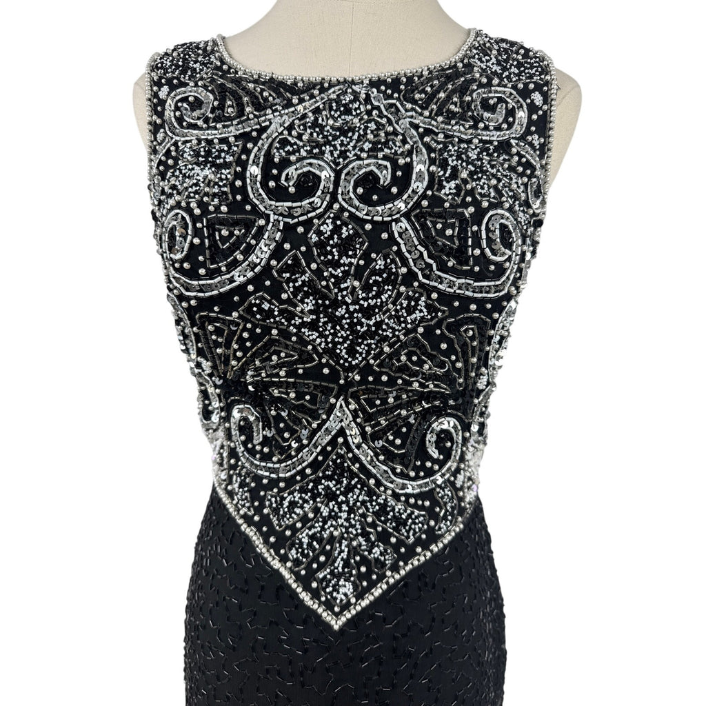 Vintage 80s Lawrence Kazar Black Beaded Silk Sheath Dress Women's Small