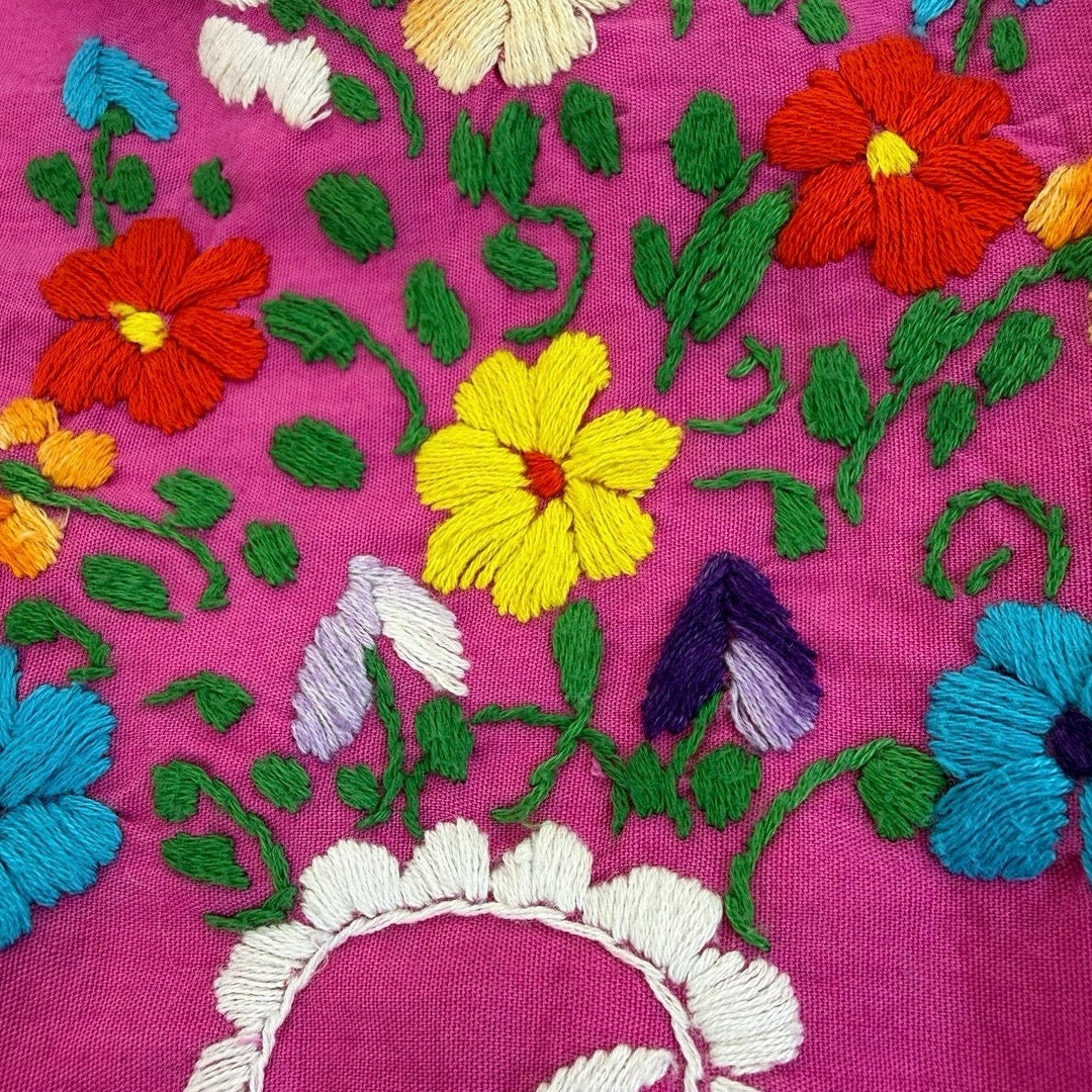 Vintage 80s Pink Embroidered Mexican Peasant Mini Dress Floral Women's Medium