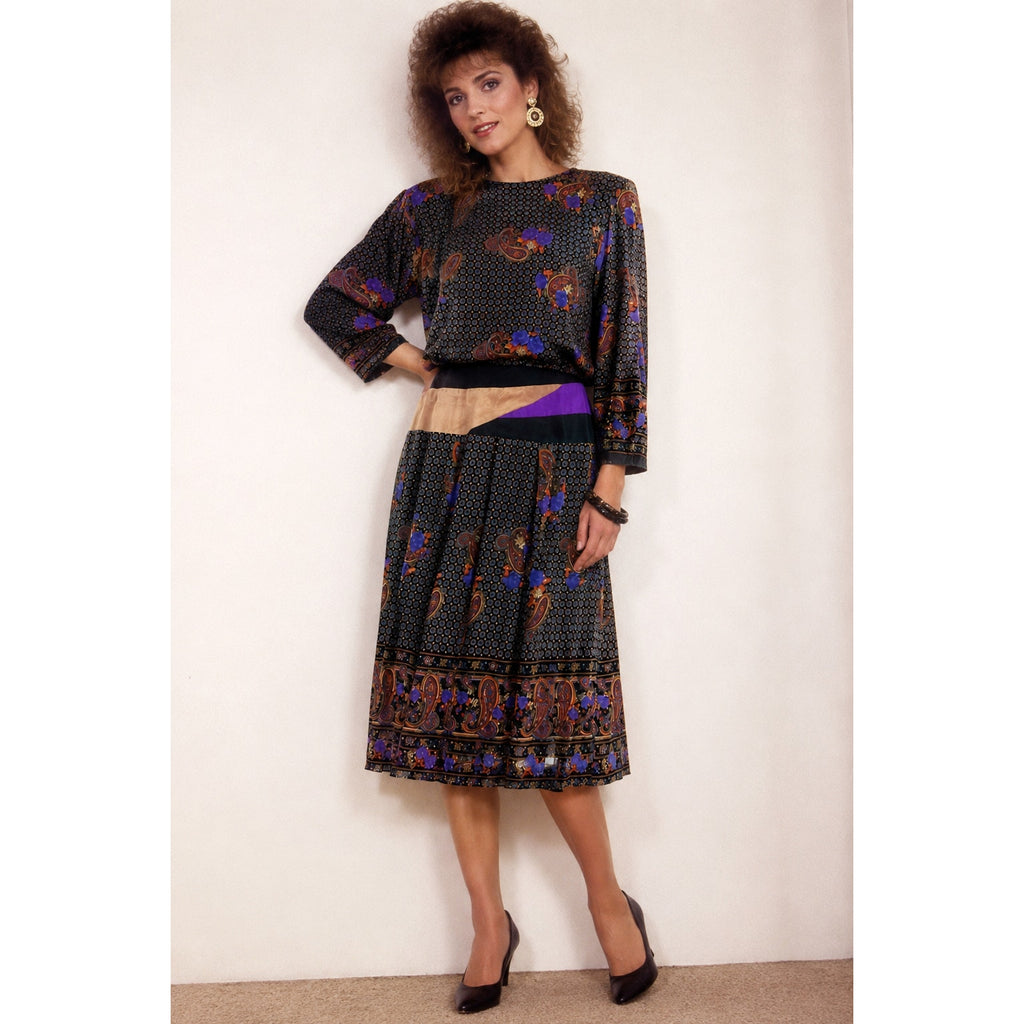 Vintage 80s Rayon Midi Dress Suede Trim Paisley Floral Boho Women's Small